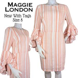 Maggie London Sheath Dress 8 Orange White Stripe Ruffled Sleeve Wedding Boho NEW